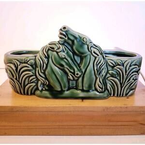 Vintage MCM Green Glazed Ceramic Two Horses‎ TV Planter Lamp WORKS